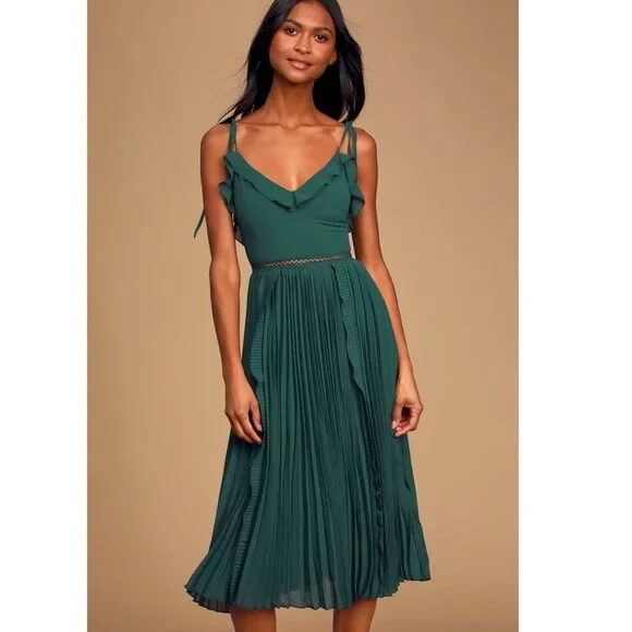Never a Dull Moment Emerald Green Tie-Strap Pleated Midi Dress Size XXS New NWT - Picture 4 of 11